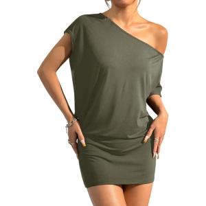 image:imageSOLY HUX Womens Off The Shoulder Mini Dress Going Out Asymmetrical Neck Short Sleeve Casual Bodycon T Shirt DressesPure Army Green