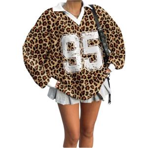 image:imageSOLY HUX Womens Oversized Tees Striped Letter Print Y2k Jersey T Shirt Collar V Neck Long Sleeve Loose TopsMulticolor Leopard