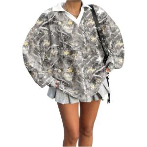 image:imageSOLY HUX Womens Oversized Tees Striped Letter Print Y2k Jersey T Shirt Collar V Neck Long Sleeve Loose TopsMulticolor Maple Leaf