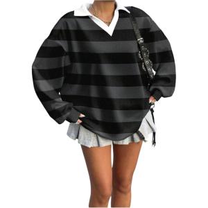 image:imageSOLY HUX Womens Oversized Tees Striped Letter Print Y2k Jersey T Shirt Collar V Neck Long Sleeve Loose TopsMulticolor Striped