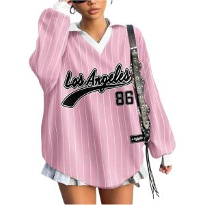 image:imageSOLY HUX Womens Oversized Tees Striped Letter Print Y2k Jersey T Shirt Collar V Neck Long Sleeve Loose TopsPink Letter Graphic