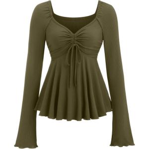 image:imageSOLY HUX Womens Peplum Tops Long Sleeve Babydoll Shirts Y2k Cute Tie Front Sweetheart Neckline TopArmy Green