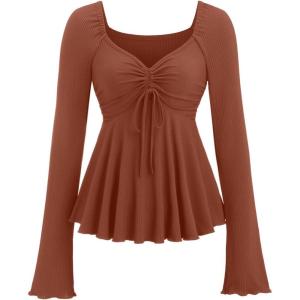 image:imageSOLY HUX Womens Peplum Tops Long Sleeve Babydoll Shirts Y2k Cute Tie Front Sweetheart Neckline TopBurnt Orange