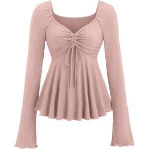 image:imageSOLY HUX Womens Peplum Tops Long Sleeve Babydoll Shirts Y2k Cute Tie Front Sweetheart Neckline TopDusty Pink