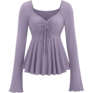 image:imageSOLY HUX Womens Peplum Tops Long Sleeve Babydoll Shirts Y2k Cute Tie Front Sweetheart Neckline TopMauve Purple