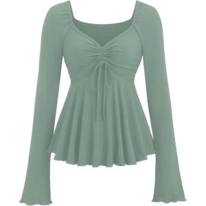 image:imageSOLY HUX Womens Peplum Tops Long Sleeve Babydoll Shirts Y2k Cute Tie Front Sweetheart Neckline TopMint Green