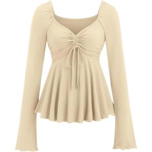 image:imageSOLY HUX Womens Peplum Tops Long Sleeve Babydoll Shirts Y2k Cute Tie Front Sweetheart Neckline TopPure Apricot