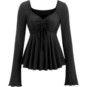 image:imageSOLY HUX Womens Peplum Tops Long Sleeve Babydoll Shirts Y2k Cute Tie Front Sweetheart Neckline TopPure Black