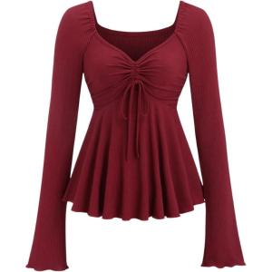 image:imageSOLY HUX Womens Peplum Tops Long Sleeve Babydoll Shirts Y2k Cute Tie Front Sweetheart Neckline TopPure Burgundy