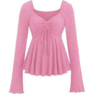 image:imageSOLY HUX Womens Peplum Tops Long Sleeve Babydoll Shirts Y2k Cute Tie Front Sweetheart Neckline TopPure Pink