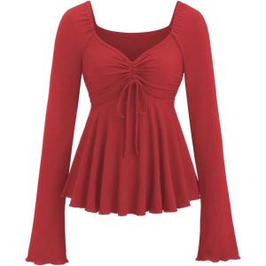 image:imageSOLY HUX Womens Peplum Tops Long Sleeve Babydoll Shirts Y2k Cute Tie Front Sweetheart Neckline TopPure Red