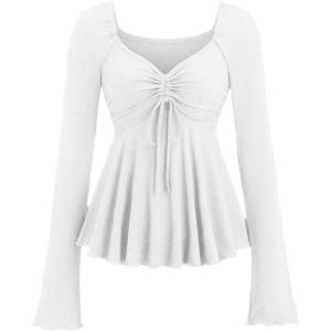 image:imageSOLY HUX Womens Peplum Tops Long Sleeve Babydoll Shirts Y2k Cute Tie Front Sweetheart Neckline TopPure White