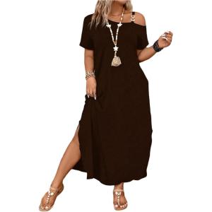 image:imageSOLY HUX Womens Plus Size Cold Shoulder Short Sleeve Split Hem T Shirt Dress Summer Long Maxi DressesPlain Brown