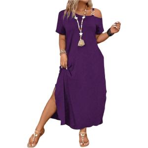 image:imageSOLY HUX Womens Plus Size Cold Shoulder Short Sleeve Split Hem T Shirt Dress Summer Long Maxi DressesPlain Purple