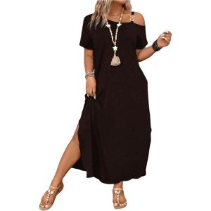 image:imageSOLY HUX Womens Plus Size Cold Shoulder Short Sleeve Split Hem T Shirt Dress Summer Long Maxi DressesPure Coffee Brown