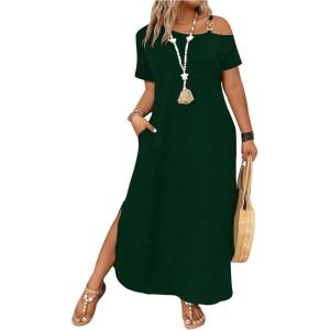 image:imageSOLY HUX Womens Plus Size Cold Shoulder Short Sleeve Split Hem T Shirt Dress Summer Long Maxi DressesPure Dark Green