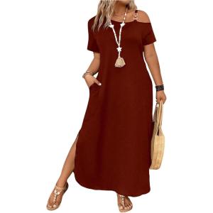 image:imageSOLY HUX Womens Plus Size Cold Shoulder Short Sleeve Split Hem T Shirt Dress Summer Long Maxi DressesPure Ginger