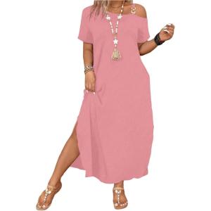 image:imageSOLY HUX Womens Plus Size Cold Shoulder Short Sleeve Split Hem T Shirt Dress Summer Long Maxi DressesPure Pink