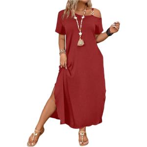 image:imageSOLY HUX Womens Plus Size Cold Shoulder Short Sleeve Split Hem T Shirt Dress Summer Long Maxi DressesPure Red