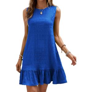 image:imageSOLY HUX Womens Ruffle Hem Sleeveless Tank Dress Round Neck Casual Jacquard Hem Smock Summer Mini DressesPlain Blue