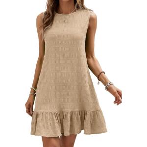 image:imageSOLY HUX Womens Ruffle Hem Sleeveless Tank Dress Round Neck Casual Jacquard Hem Smock Summer Mini DressesPlain Camel