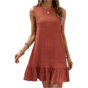 image:imageSOLY HUX Womens Ruffle Hem Sleeveless Tank Dress Round Neck Casual Jacquard Hem Smock Summer Mini DressesRust Brown