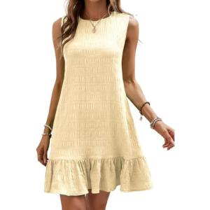image:imageSOLY HUX Womens Ruffle Hem Sleeveless Tank Dress Round Neck Casual Jacquard Hem Smock Summer Mini DressesSolid Beige