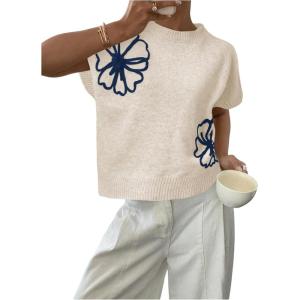 image:imageSOLY HUX Womens Short Sleeve Sweater 3D Floral Sweaters Pullover Tank Tops Knit Vest Trendy Fashion ClothingApricot Blue Floral