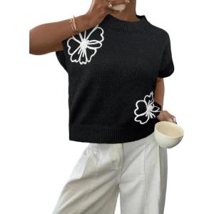 image:imageSOLY HUX Womens Short Sleeve Sweater 3D Floral Sweaters Pullover Tank Tops Knit Vest Trendy Fashion ClothingBlack