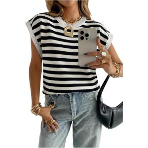 image:imageSOLY HUX Womens Short Sleeve Sweater 3D Floral Sweaters Pullover Tank Tops Knit Vest Trendy Fashion ClothingBlack Striped