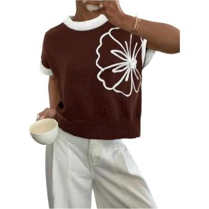 image:imageSOLY HUX Womens Short Sleeve Sweater 3D Floral Sweaters Pullover Tank Tops Knit Vest Trendy Fashion ClothingBrown White Floral