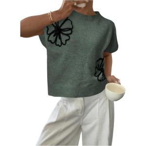 image:imageSOLY HUX Womens Short Sleeve Sweater 3D Floral Sweaters Pullover Tank Tops Knit Vest Trendy Fashion ClothingGreen Black Floral