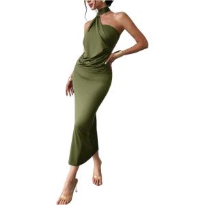 image:imageSOLY HUX Womens Sleeveless Bodycon Dress One Shoulder Backless Ruched Cocktail Party Evening Long DressesPlain Army Green