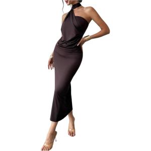 image:imageSOLY HUX Womens Sleeveless Bodycon Dress One Shoulder Backless Ruched Cocktail Party Evening Long DressesPlain Chocolate Brown