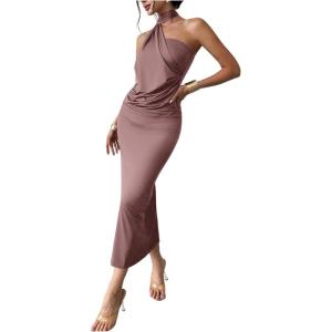 image:imageSOLY HUX Womens Sleeveless Bodycon Dress One Shoulder Backless Ruched Cocktail Party Evening Long DressesPlain Mocha Brown