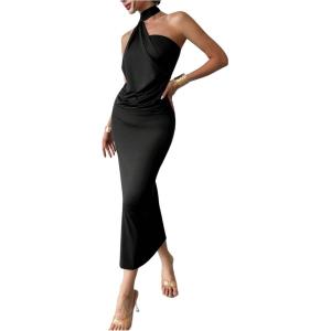 image:imageSOLY HUX Womens Sleeveless Bodycon Dress One Shoulder Backless Ruched Cocktail Party Evening Long DressesPure Black