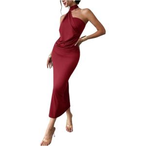 image:imageSOLY HUX Womens Sleeveless Bodycon Dress One Shoulder Backless Ruched Cocktail Party Evening Long DressesPure Burgundy