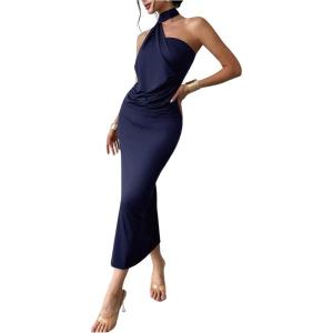 image:imageSOLY HUX Womens Sleeveless Bodycon Dress One Shoulder Backless Ruched Cocktail Party Evening Long DressesPure Dark Blue