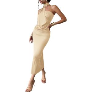 image:imageSOLY HUX Womens Sleeveless Bodycon Dress One Shoulder Backless Ruched Cocktail Party Evening Long DressesPure Khaki