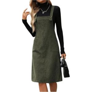 image:imageSOLY HUX Womens Square Neck Sleeveless Corduroy Dress Knee Length Fall Overall Dresses with PocketsArmy Green