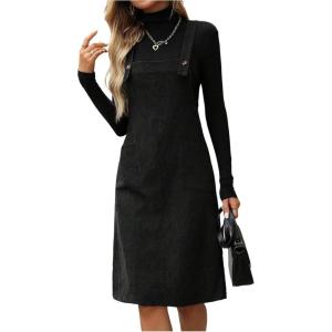 image:imageSOLY HUX Womens Square Neck Sleeveless Corduroy Dress Knee Length Fall Overall Dresses with PocketsPlain Black
