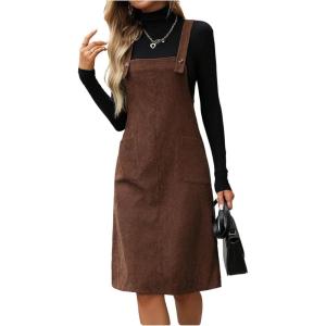 image:imageSOLY HUX Womens Square Neck Sleeveless Corduroy Dress Knee Length Fall Overall Dresses with PocketsPure Brown