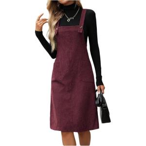 image:imageSOLY HUX Womens Square Neck Sleeveless Corduroy Dress Knee Length Fall Overall Dresses with PocketsPure Burgundy