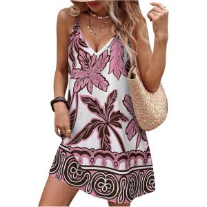 image:imageSOLY HUX Womens Summer Boho Printed Mini Dress V Neck Spaghetti Strap Flowy Vacation Cami Dresses SundressPink Printed
