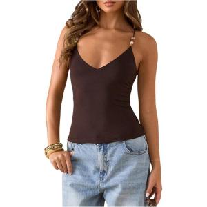 image:imageSOLY HUX Womens Summer Cami Tops Slim Fit V Neck Spaghetti Strap Criss Cross Going Out Top CamisolePlain Coffee Brown