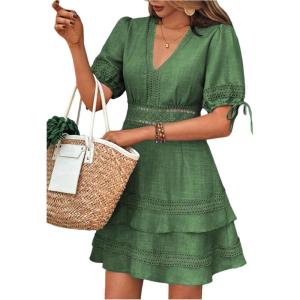 image:imageSOLY HUX Womens Summer Dress Hollow Out Lace V Neck Puff Short Sleeve A Line Layered Short DressesPlain Green