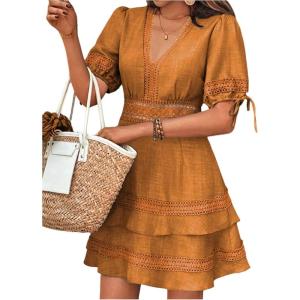 image:imageSOLY HUX Womens Summer Dress Hollow Out Lace V Neck Puff Short Sleeve A Line Layered Short DressesPlain Yellow