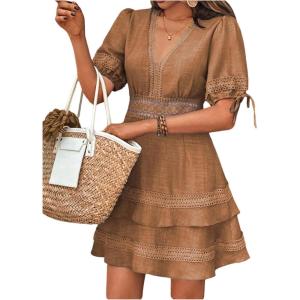 image:imageSOLY HUX Womens Summer Dress Hollow Out Lace V Neck Puff Short Sleeve A Line Layered Short DressesPure Apricot