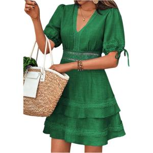 image:imageSOLY HUX Womens Summer Dress Hollow Out Lace V Neck Puff Short Sleeve A Line Layered Short DressesPure Green
