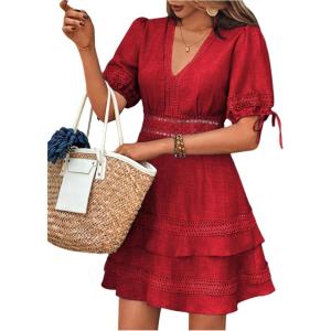 image:imageSOLY HUX Womens Summer Dress Hollow Out Lace V Neck Puff Short Sleeve A Line Layered Short DressesPure Red